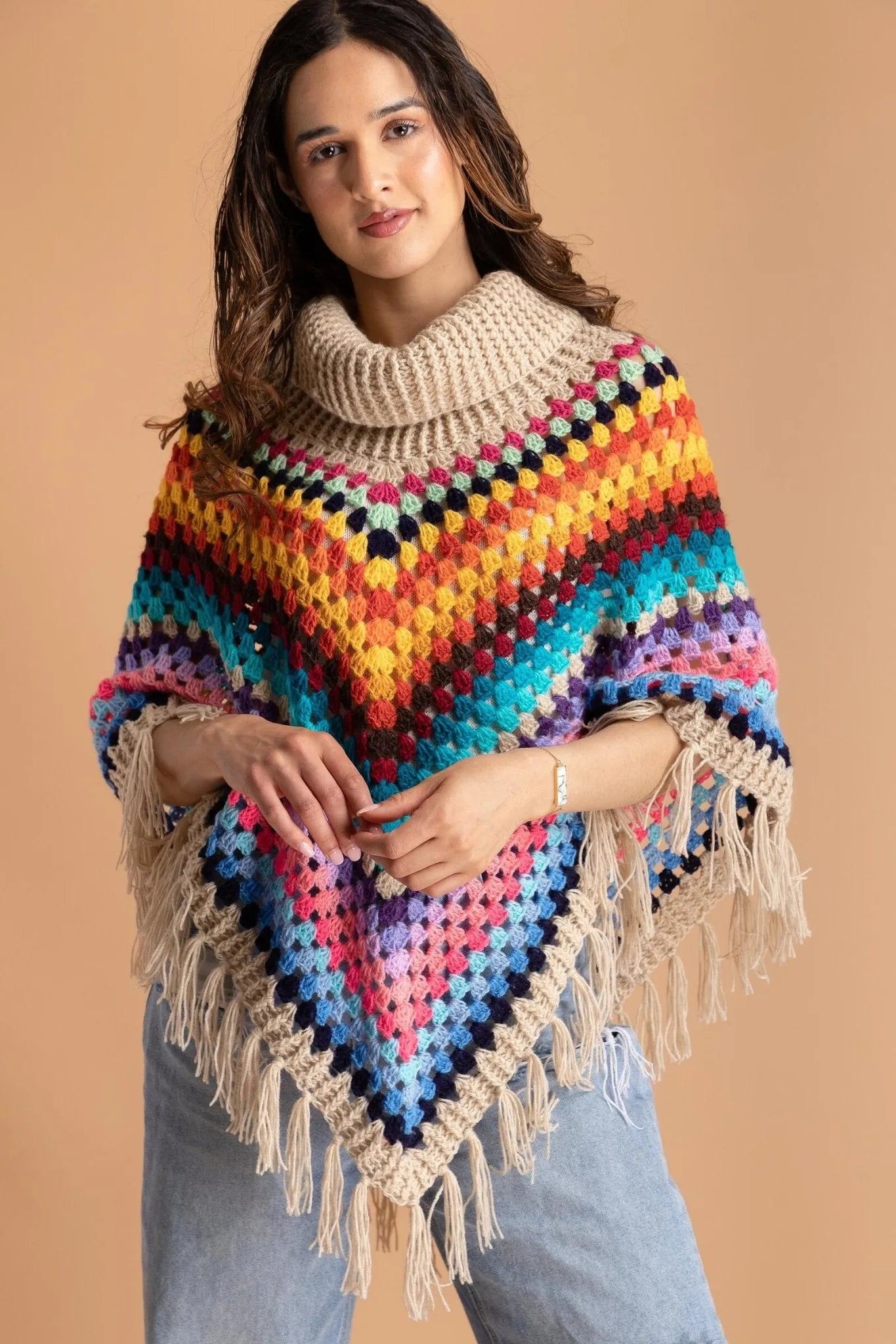 Rainbow Crochet Turtleneck Sweater Poncho