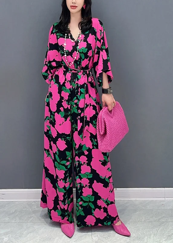 Chic Rose V Neck Print Chiffon Overalls Jumpsuit Summer