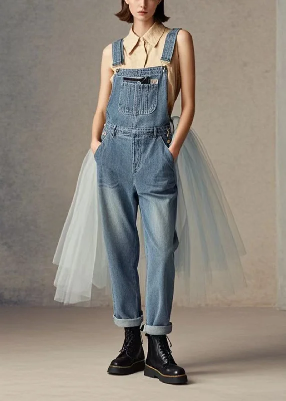 Fashion Blue Tulle Patchwork Denim Jumpsuit Spring