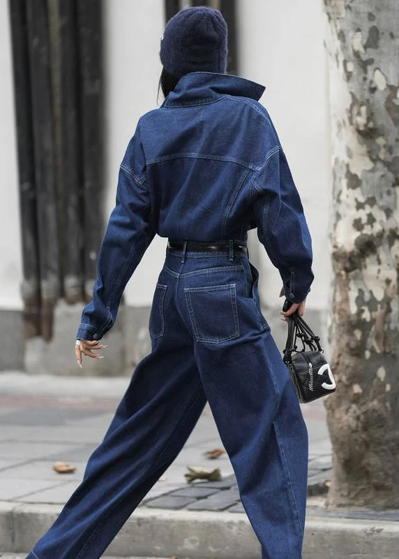 French Blue Peter Pan Collar Pockets Denim Jumpsuit Fall