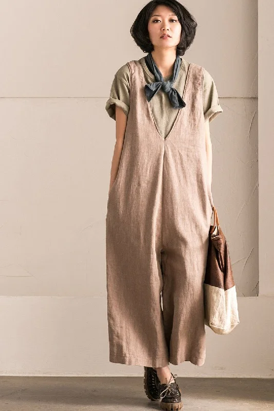 Khaki V-Neck Causal Cotton Linen Oversize Overalls Women Jumpsuits