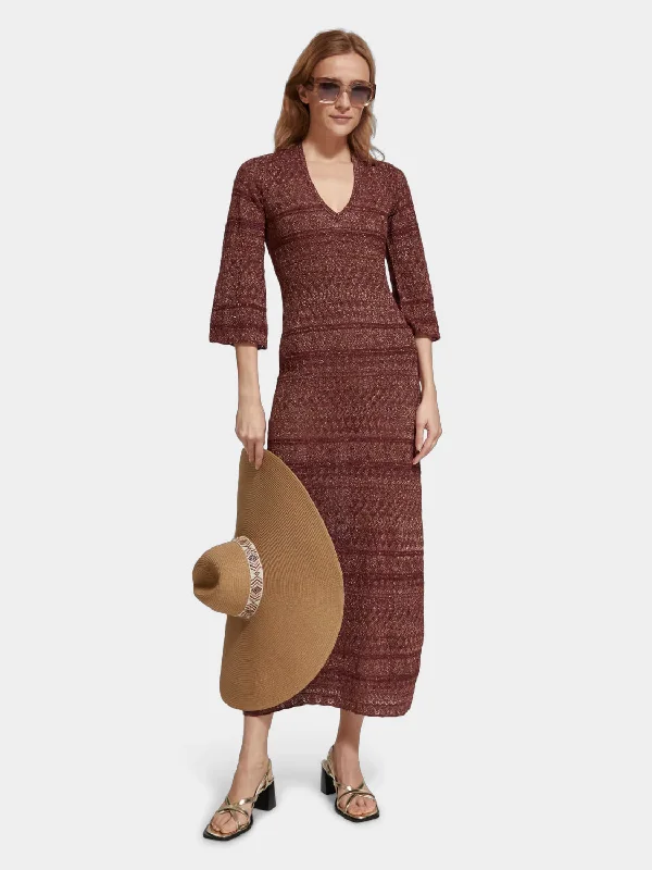 Metallic pointelle knit maxi dress