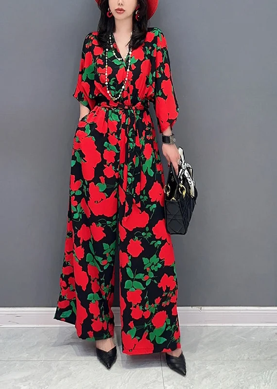 Red Print Chiffon Jumpsuit V Neck Tie Waist Summer