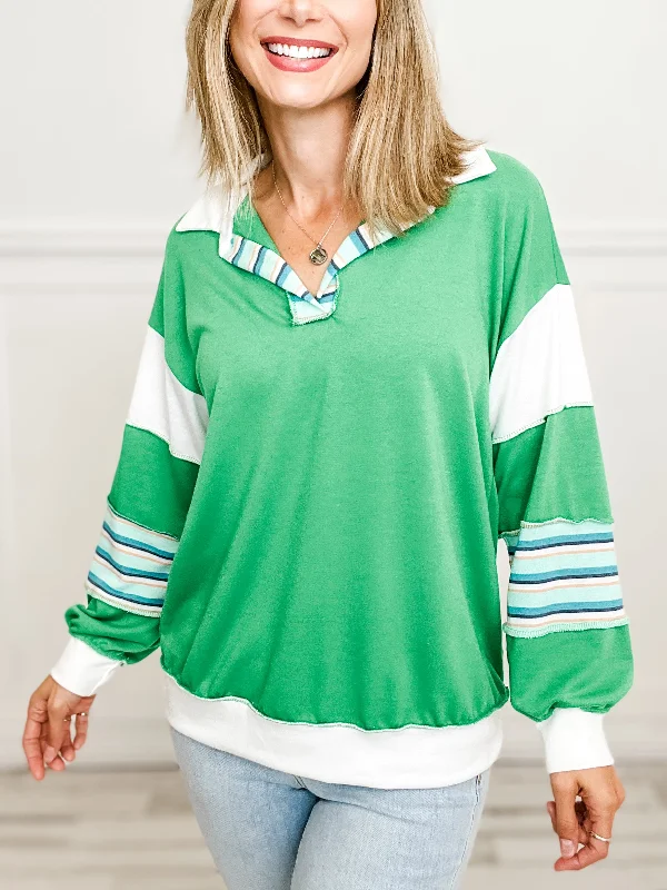 Long Sleeve Coastal Chic Split Neck Collared Top